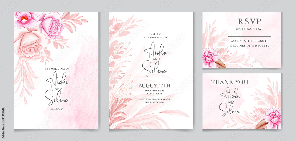 Wedding invitation card template set with the soft pink color rose flowers and leaves decoration. watercolor floral frame and border decoration. botanic illustration for card composition
