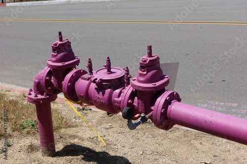 Tablou pe pânză Purple Reclaimed Water Pipes to Reuse Waste Water as Irrigation Projects for Lar