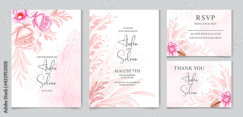 Wedding invitation card template set with the soft pink color rose flowers and leaves decoration. watercolor floral frame and border decoration. botanic illustration for card composition photo
