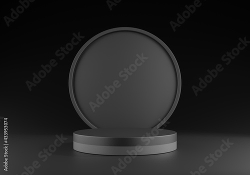 3d rendering of soft black premium, pedestal podium on black background, round shape, cylinder stand with product show or copy space and mockup © WICHAN SHOP