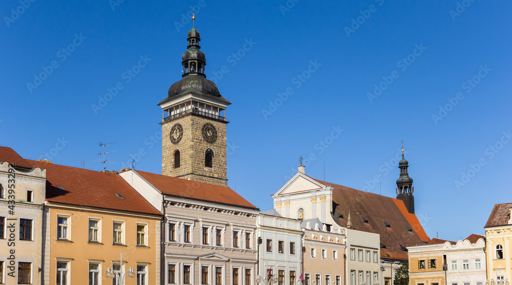 Old houses and black tower in Ceske Budejovice, Czech Republic