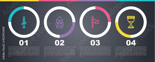 Set line Dagger, Castle tower, Medieval spear and goblet. Business infographic template. Vector