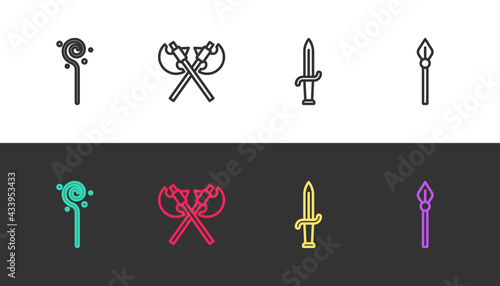 Set line Magic staff, Crossed medieval axes, Dagger and Medieval spear on black and white. Vector