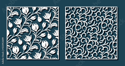 Flower tulip and curl patterns for laser cutting. Universal greeting card, laser cut panel. Vector illustration. Square 1 to1.