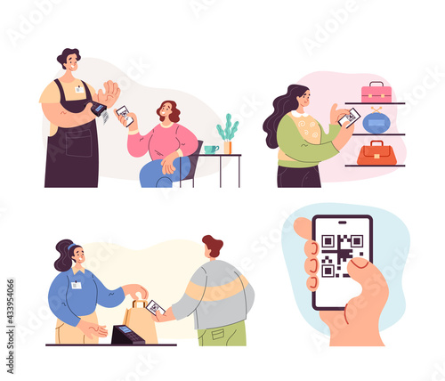 People man woman characters using phone to scan qr code and read information and pay. Online wireless payment system concept. Vector flat graphic design modern style illustration