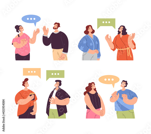 People man woman characters talking together. Teamwork communication concept. Vector flat graphic design modern style illustration