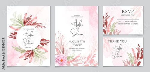 Floral wedding invitation card template set with burgundy and brown leaves decoration and soft pink flowers 