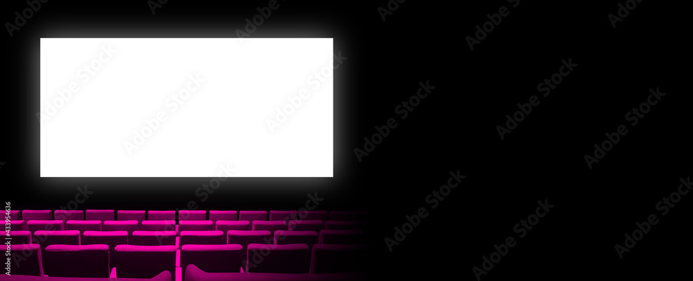 Cinema movie theatre with pink seats and a blank white screen. Horizontal banner Cinema movie theatre with pink seats and a blank white screen. Horizontal banner