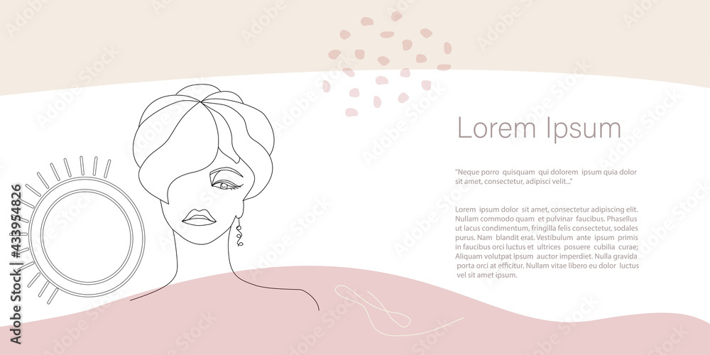 Fototapeta premium Vector woman Portrait one line, Abstract minimalistic, leaves and flower in pastel colors. Continuous line art. Template with copy space for text for invitation, cards, banner and poster, Landing