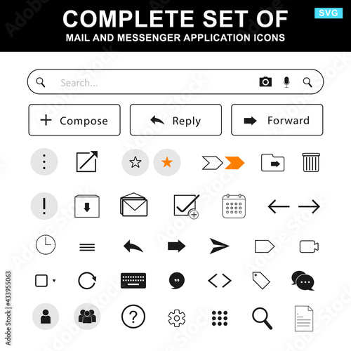 Set of mail and messenger icons. Website and application design elements. Complete set of web portal icons. Collection of email portal icons. SVG icons.