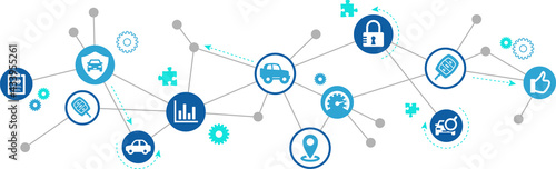 Automotive vector illustration. Concept with connected icons related to different models of cars and car-related concepts: rental car dealership, new or used vehicle, transportation, or car sharing.