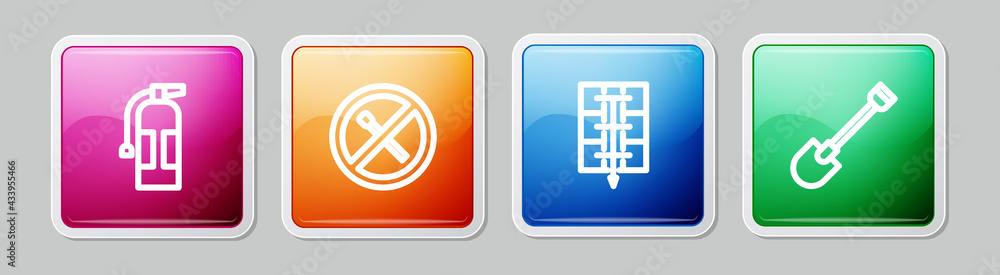 Fototapeta premium Set line Fire extinguisher, No fire match, Evacuation plan and shovel. Colorful square button. Vector
