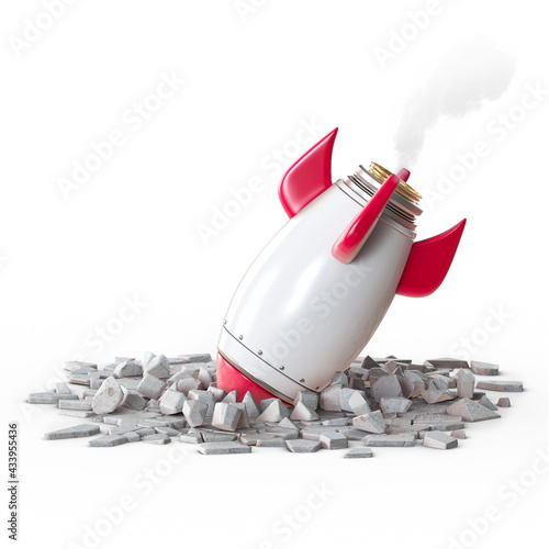Red and white rocket Spaceship Crashed on White Background 3d rendering illustration