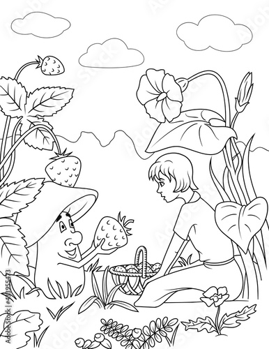 Mushroom presenting a big strawberry to girl. Coloring page for kids.