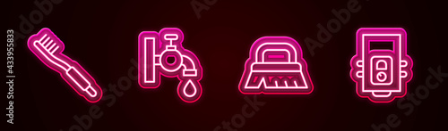 Set line Toothbrush, Water tap, Brush for cleaning and Gas boiler. Glowing neon icon. Vector