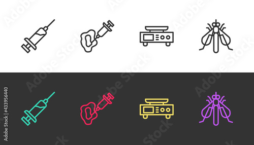 Set line Syringe, , Electronic scales and Experimental insect on black and white. Vector