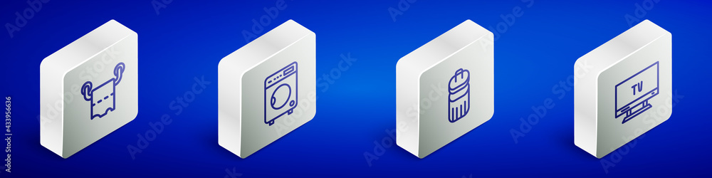 Set Isometric line Toilet paper roll, Washer, Trash can and Smart Tv icon. Vector Set Isometric line Toilet paper roll, Washer, Trash can and Smart Tv icon. Vector