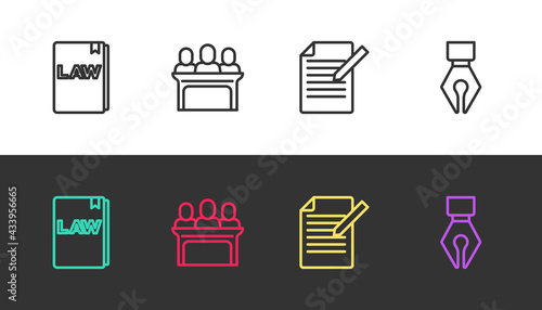 Set line Law book, Jurors, Document and pen and Fountain nib on black and white. Vector