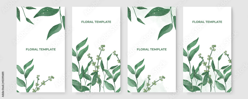 Vector set of social media stories design templates, backgrounds with copy space for text - green floral summer backgrounds for banner, greeting card, poster and advertising