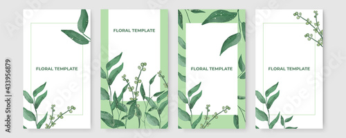 Fototapeta Naklejka Na Ścianę i Meble -  Vector set of social media stories design templates, backgrounds with copy space for text - green floral summer backgrounds for banner, greeting card, poster and advertising