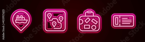 Set line Location with cruise ship, Route location, Suitcase and Cruise ticket. Glowing neon icon. Vector