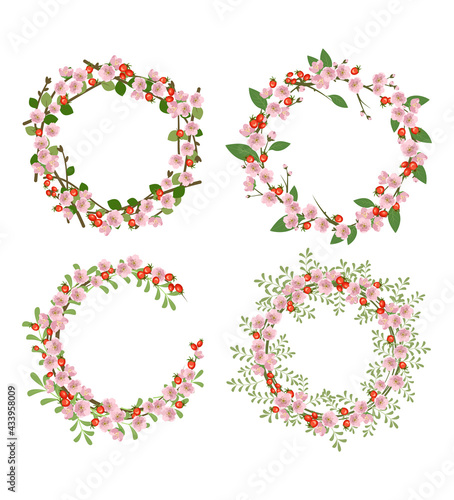 Set of rose hip wreath. Round frame, cute pink flowers and red fruits. Festive decorations for wedding, holiday, postcard, poster and design