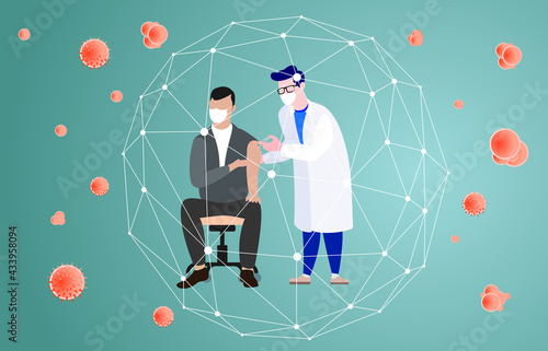 Vaccination flu shot concept, male doctor with medical protective suit, glove, mask inject syringe in patient arm, Covid-19 prevention with man having vaccine, vector illustration