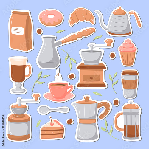 set of stickers coffee time. coffee grinder, desserts for coffee, a cup of coffee, coffee sakan, kettle. illustration in cartoon style.