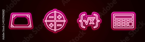 Set line Acute trapezoid shape, XYZ Coordinate system, Square root of x glyph and Calculator. Glowing neon icon. Vector