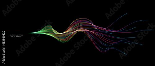 Vector abstract wave lines flowing dynamic in colorful spectrum colors isolated on black background for concept of modern, technology, digital, communication, science, music. photo