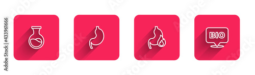 Set line Test tube and flask, Human stomach, Stomach heartburn and Bio healthy food with long shadow. Red square button. Vector