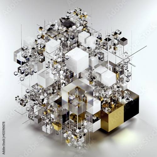 3d render of abstract art 3d composition with surreal industrial build construction in cubical form based on big and small boxes and rectangles in white plastic silver gold metal and glass material 