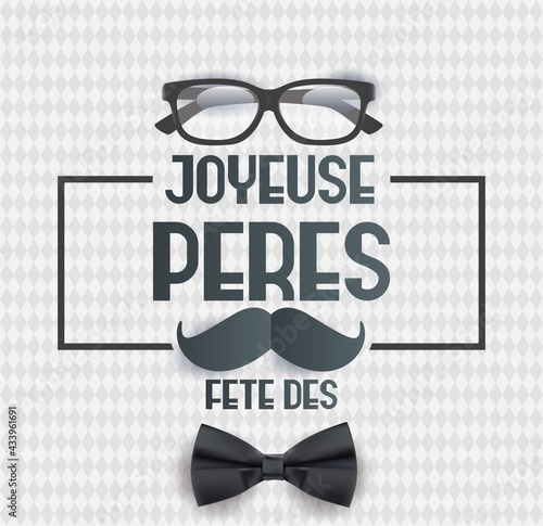 carte ou bandeau sur Joyeuse Fête des Pères en gris avec au dessus une paire de lunettes et en dessous une moustache et un noeud papillon sur un fond blanc avec des losanges gris