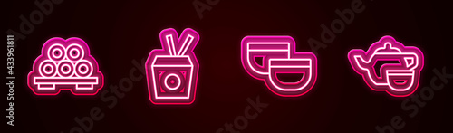 Set line Sushi on cutting board, Noodles box and chopsticks, Chinese tea ceremony and . Glowing neon icon. Vector