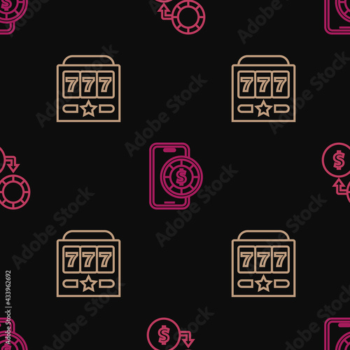Set line Casino chips exchange on money, Slot machine with jackpot and Online poker table game on seamless pattern. Vector