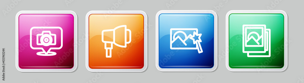 Set line Photo camera, Softbox light, retouching and frame. Colorful square button. Vector Set line Photo camera, Softbox light, retouching and frame. Colorful square button. Vector