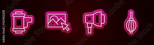 Set line Camera roll cartridge, Photo retouching, Softbox light and Dust blower. Glowing neon icon. Vector