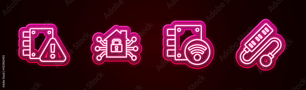 Set line House under protection, Smart home, Digital door lock and Electric extension cord. Glowing neon icon. Vector Set line House under protection, Smart home, Digital door lock and Electric extension cord. Glowing neon icon. Vector