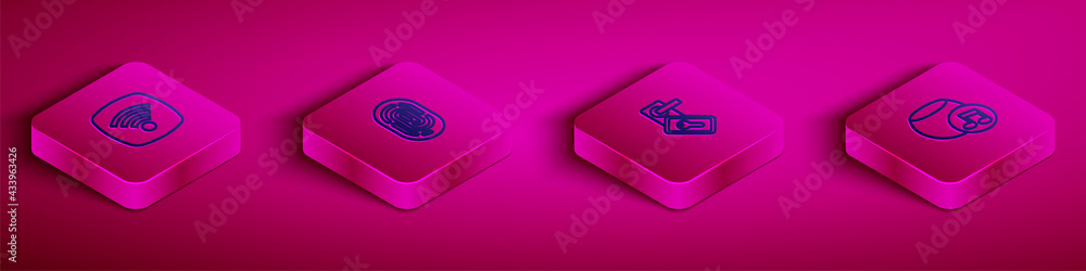 Set Isometric line Wi-Fi wireless internet network, Fingerprint, Digital door lock and Voice assistant icon. Vector Set Isometric line Wi-Fi wireless internet network, Fingerprint, Digital door lock and Voice assistant icon. Vector