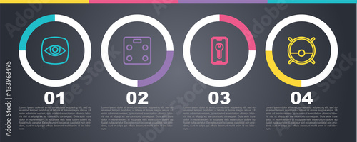 Set line Security camera, Smart bathroom scales, key and Robot vacuum cleaner. Business infographic template. Vector