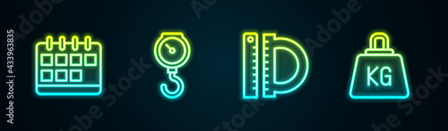 Set line Calendar, Hand scale spring mechanical, Protractor ruler and Weight. Glowing neon icon. Vector