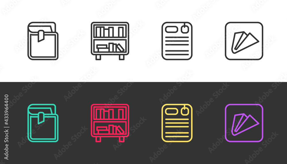 Set line Book, Shelf with books, Dossier folder and Paper airplane on black and white. Vector Set line Book, Shelf with books, Dossier folder and Paper airplane on black and white. Vector
