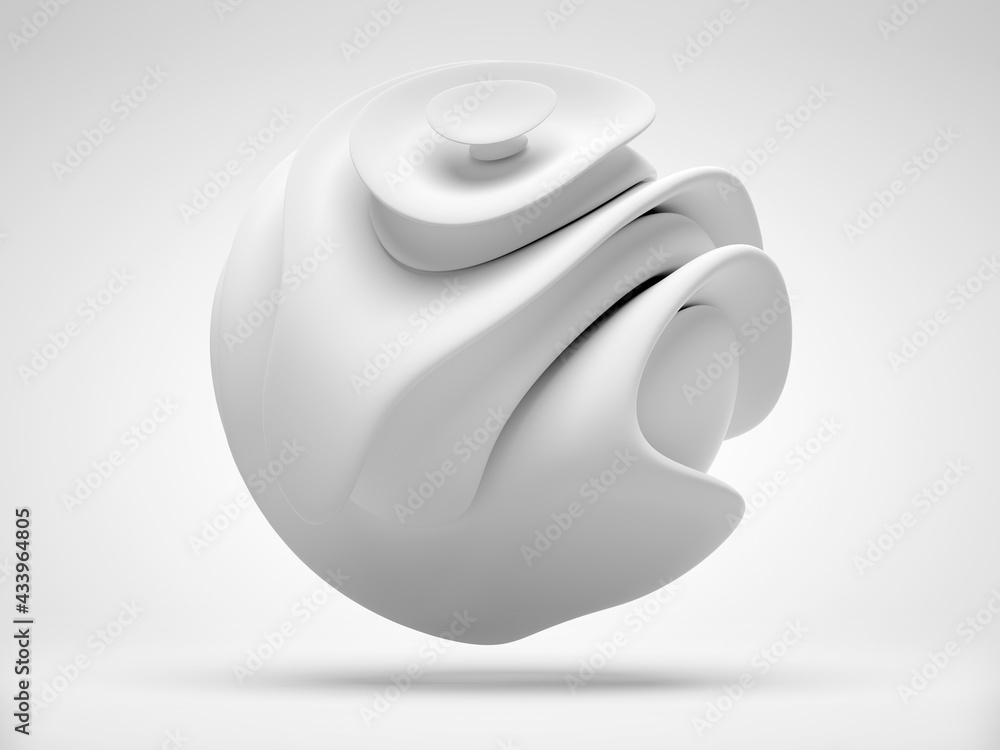 3d render with abstract black and white monochrome art piece of surreal sculpture in spherical organic curve wavy smooth and soft biological shape in white matte ceramic material on white background