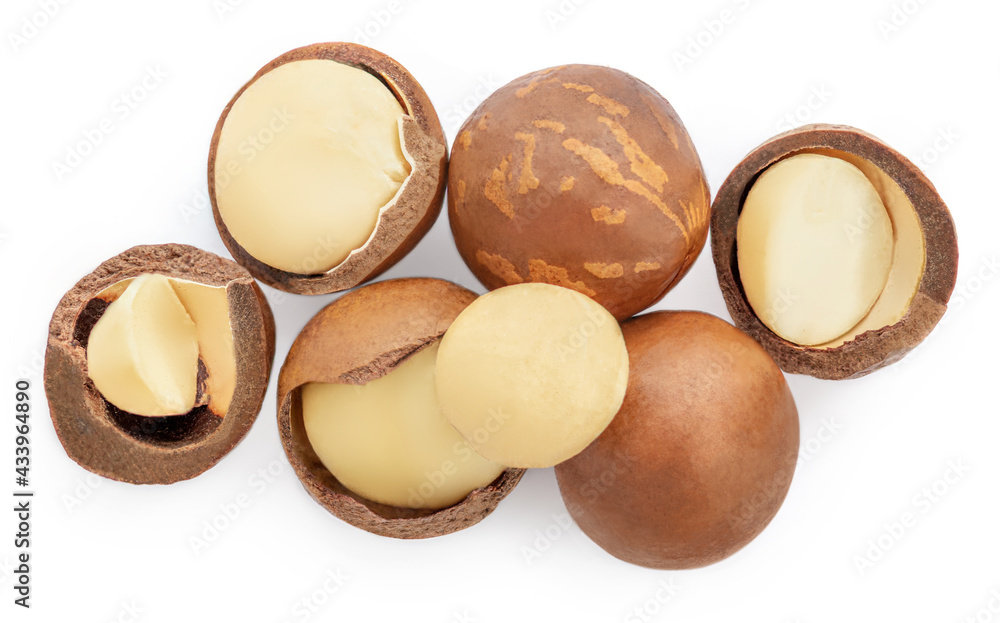 Isolated Macadamia nuts. Organic macadamia nuts on white background. Collection. Top view. Flat lay.. Isolated Macadamia nuts. Organic macadamia nuts on white background. Collection. Top view. Flat lay..