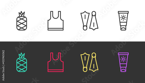 Set line Pineapple, Sleeveless T-shirt, Rubber flippers for swimming and Sunscreen cream tube on black and white. Vector