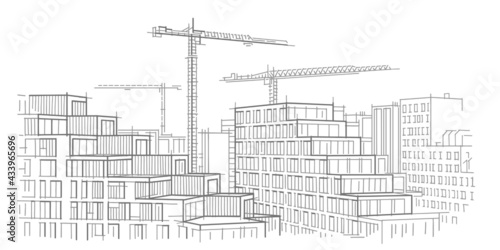 Construction of modern buildings line illustration. Architectural sketch. Vector. 