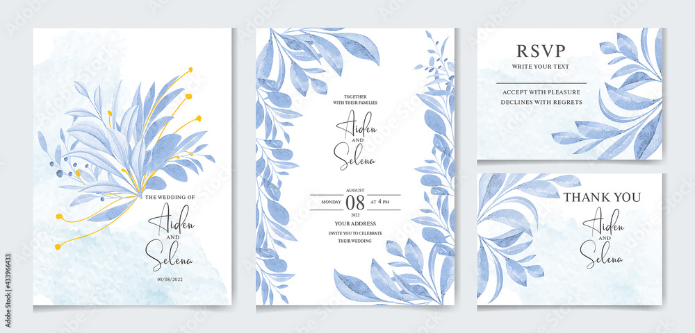 Watercolor wedding invitation card template set with beautiful leaves frame and border decoration. botanic illustration for card composition design. Watercolor wedding invitation card template set with beautiful leaves frame and border decoration. botanic illustration for card composition design.