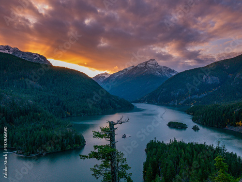 Sunset in the mountains. Beautiful Diablo Lake is a reservoir in the North Cascade mountains of northern Washington state, United States.