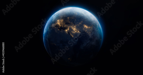 Sphere of Earth planet at night isolated on dark black background. Surface of Earth. Globe. City lights on planet. Life of people. Solar system element. Elements of this image furnished by NASA photo