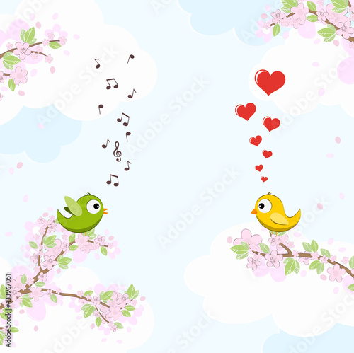 Birds in love on blossom branches